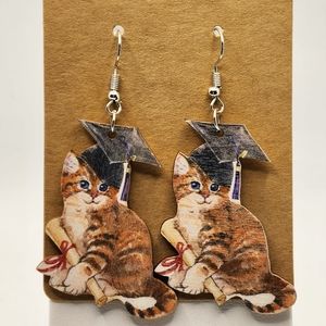 Wooden Graduation Cat Dangle Earrings Brand New